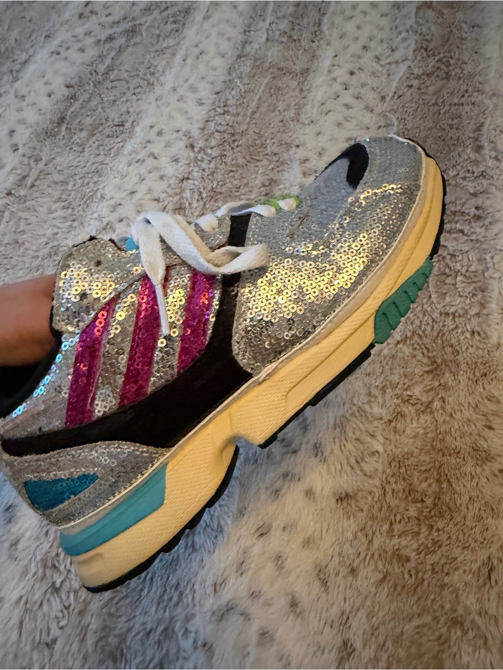 adidas Silver Sequin Sneakers with Pink Stripes and Teal Accents